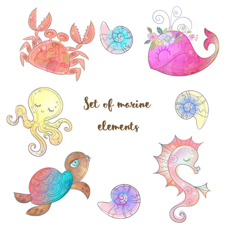 Premium Vector | Set of cute sea animals octopus seahorse whale and ...