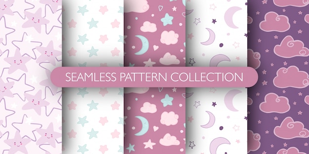 Set of cute seamless pattern for baby. stars, cloud, moon pattern collection. Premium Vector