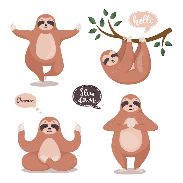 Download Set of cute sloths hanging on the tree and do yoga. Vector ...