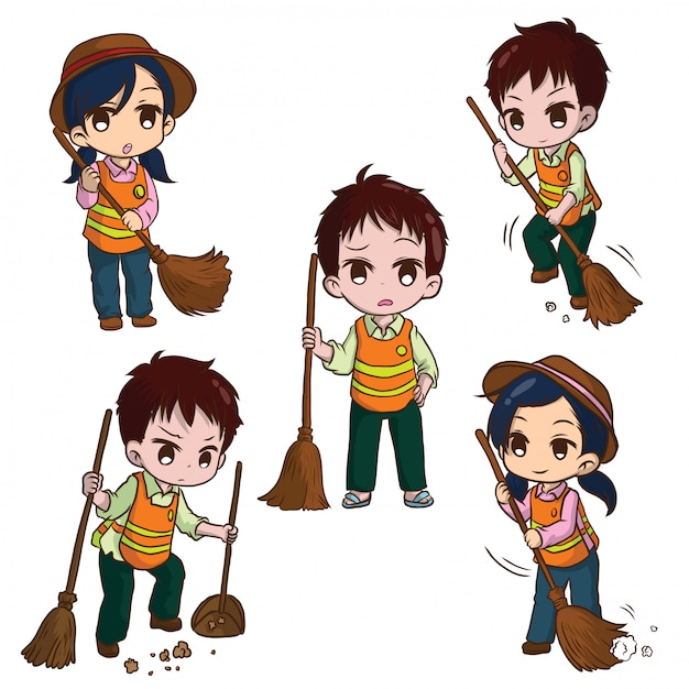 Set cute street sweeper cartoon. job concept. | Premium Vector