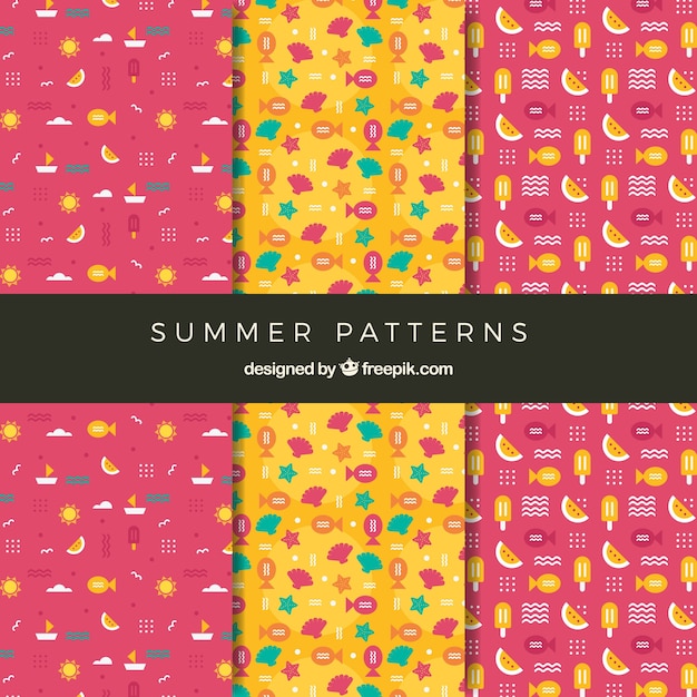 Download Set of cute summer patterns in flat design | Free Vector