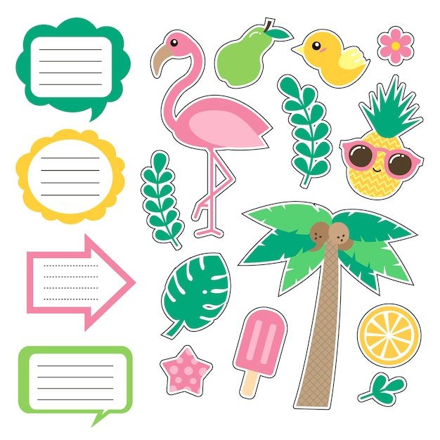 premium vector set of cute summer style daily planner note cards stickers school baby scrapbook to do list diary cards planner printable template vector illustration flat style good for kids