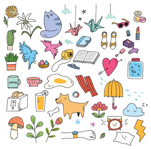 Premium Vector | Set of cute things in doodle style