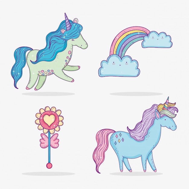 Premium Vector Set Cute Unicorns With Rainbow And Clouds