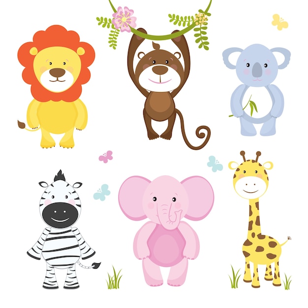 Free Vector | Set of cute vector cartoon wild animals with a monkey ...