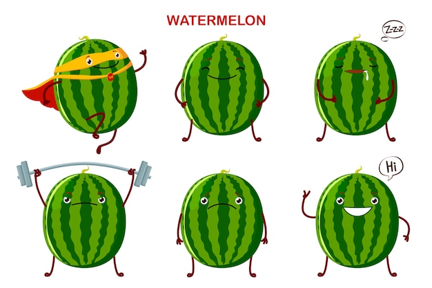 Set cute watermelon characters. Premium Vector