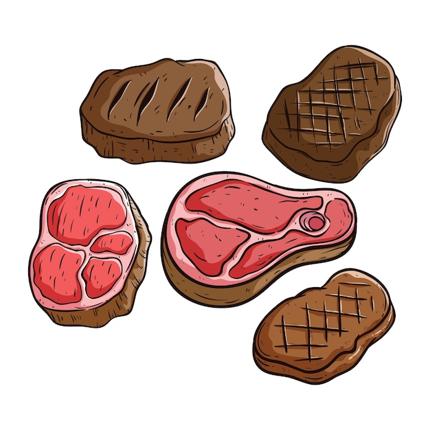 Premium Vector Set Of Delicious Beef Or Pork Steak Using Doodle Art