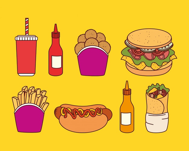 Premium Vector | Set of delicious fast food in yellow