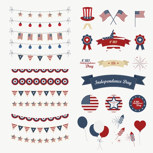 A set of design elements for independence day. 4th of july objects, element. isolated on white. vector icons. Premium Vector