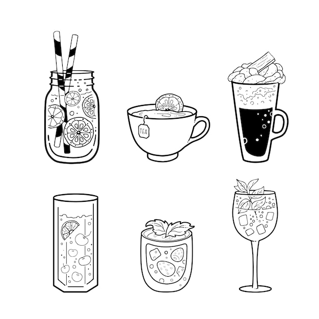 Set of different beverages tea, coffee, drinks. outline drawing