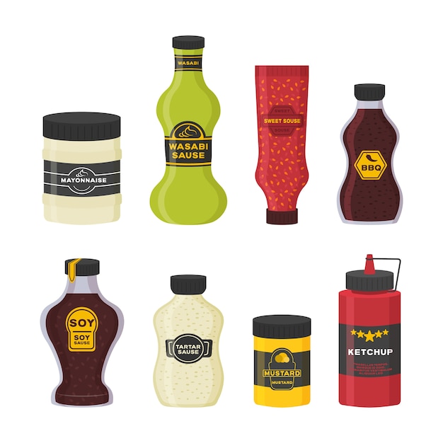 Premium Vector | Set of different bottles with sauces