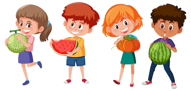 Premium Vector | Set of different children holding fruit isolated on white