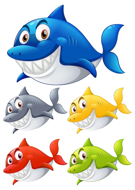 Free Vector | Set of different color shark smiling cartoon character on ...