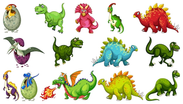 Free Vector Set Of Different Dinosaur Cartoon Character Isolated On White Background