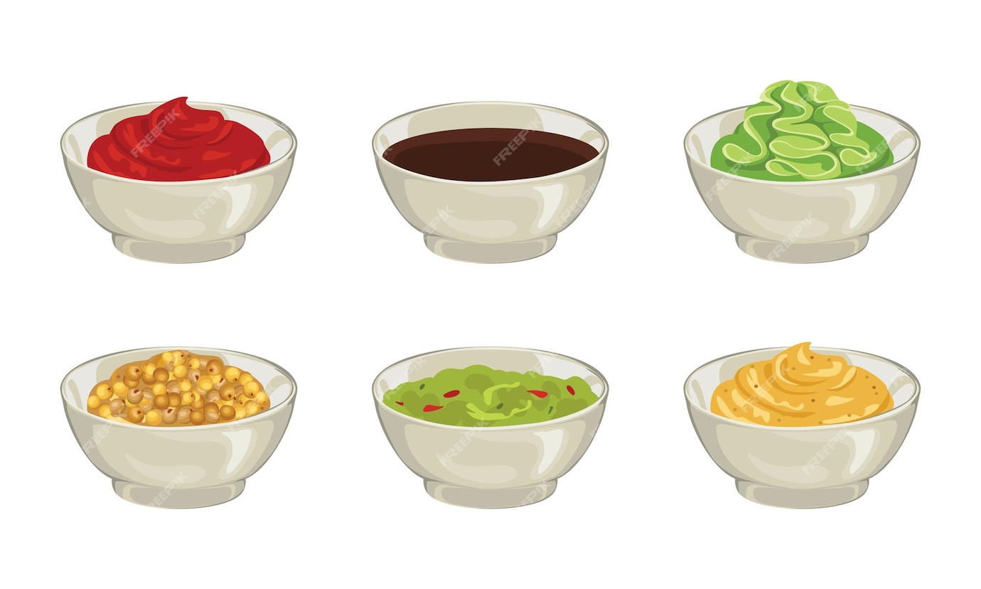 Premium Vector Set of different dipping sauces in bowl.