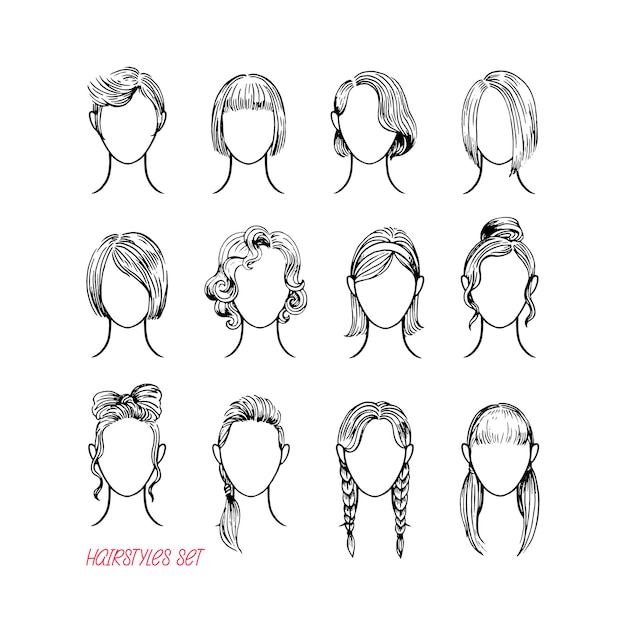 Premium Vector Set of different female hairstyles. hand drawn