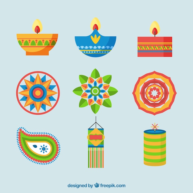 Free Vector | Set of diwali elements in flat design