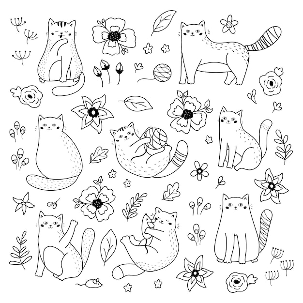 Premium Vector | Set of doodle cats and flowers