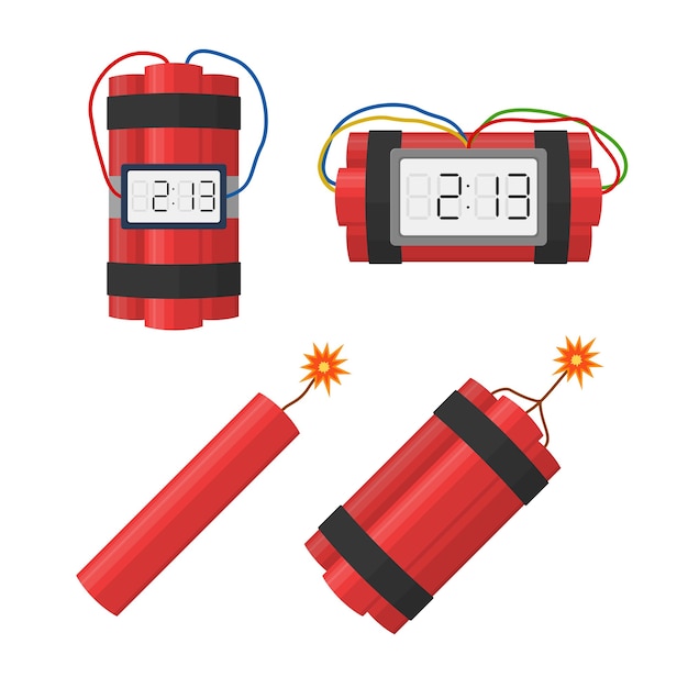 タイマー爆発とワイヤーでダイナマイト爆弾の爆発を設定し 白で隔離された燃える芯でダイナマイト プレミアムベクター