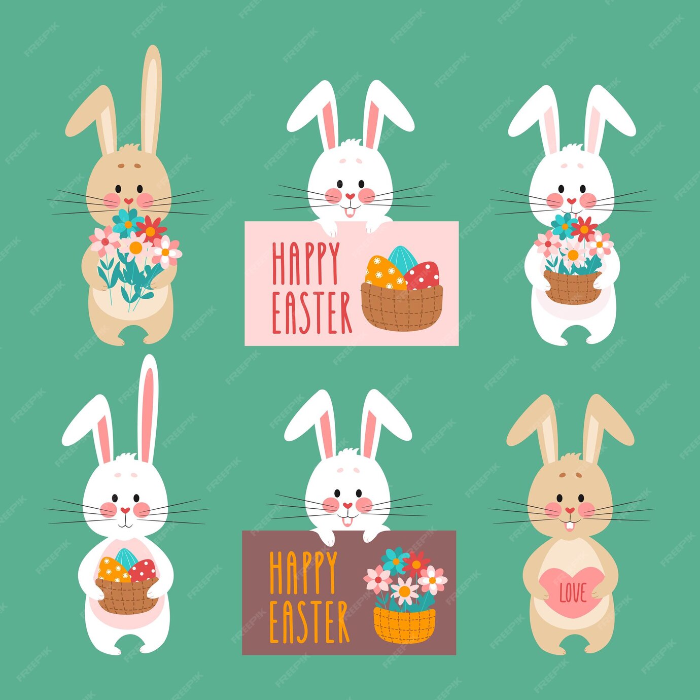 Premium Vector Set Of Easter Bunnies With Flowers In A Basket And Eggs Vector Illustration Of 0312