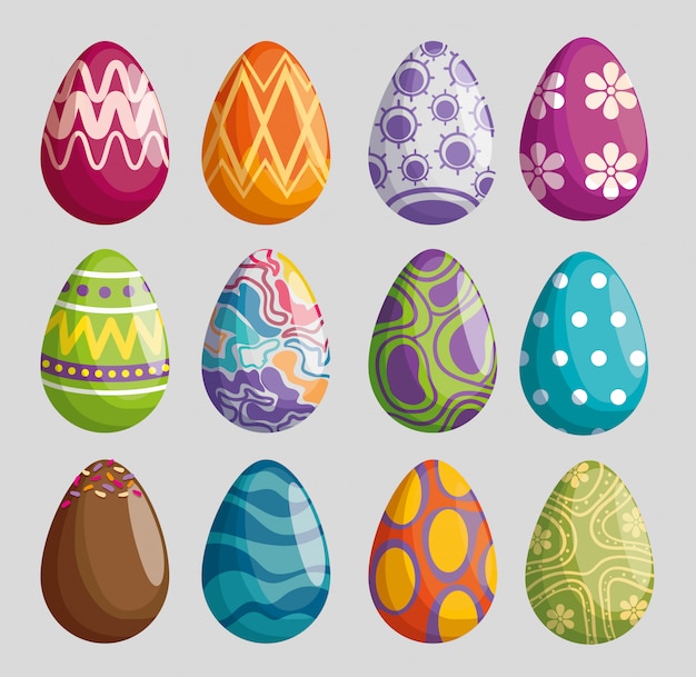 Set eggs with figures decoration to easter celebration Free Vector