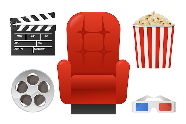 Set Elements For Cinema With Red Chair Clipboard Popcorn