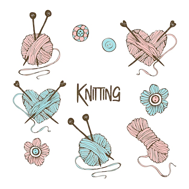 A set of elements for knitting. in the style of doodle. Premium Vector