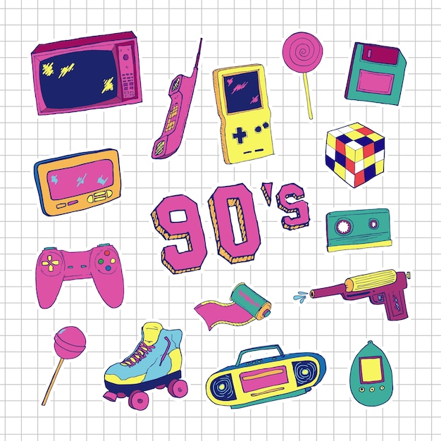 Set Of Elements In Trendy 90s Hand Drawn Style Premium Vector
