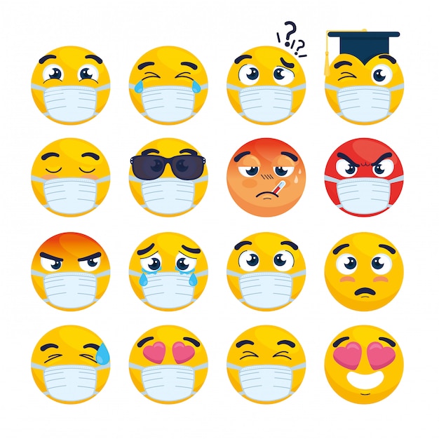 Premium Vector Set Of Emoji Wearing Medical Mask Yellow Faces With A White Surgical Mask 7932