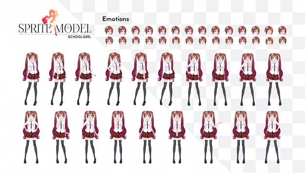 Premium Vector Set Of Emotions Sprite Full Length Character For Game Visual Novel Anime Manga Girl Cartoon Character In Japanese Style In A White Shirt A Red Skirt In A Cage