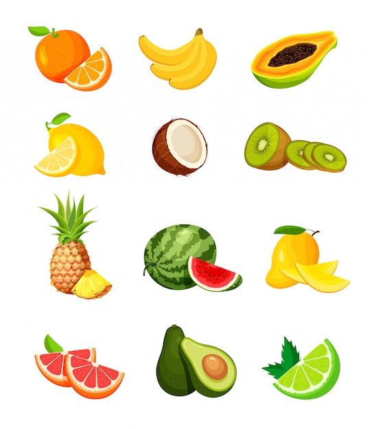 Download Set of exotic tropical fruits in a trendy flat style ...