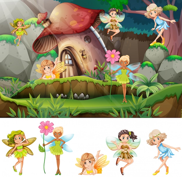Free Vector | Set of fairies in scene illustration