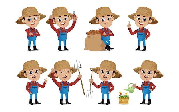 Premium Vector | Set of farmer with different pose