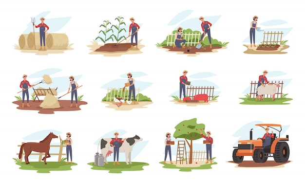 Set of farmers or agricultural workers planting crops, gathering harvest, collecting apples, feeding