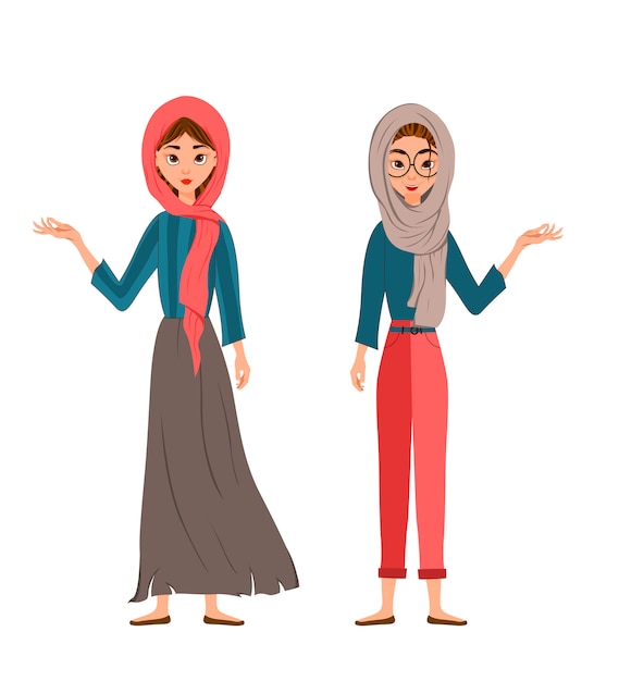 Set of female characters. girls points to the right hand to the side. Premium Vector