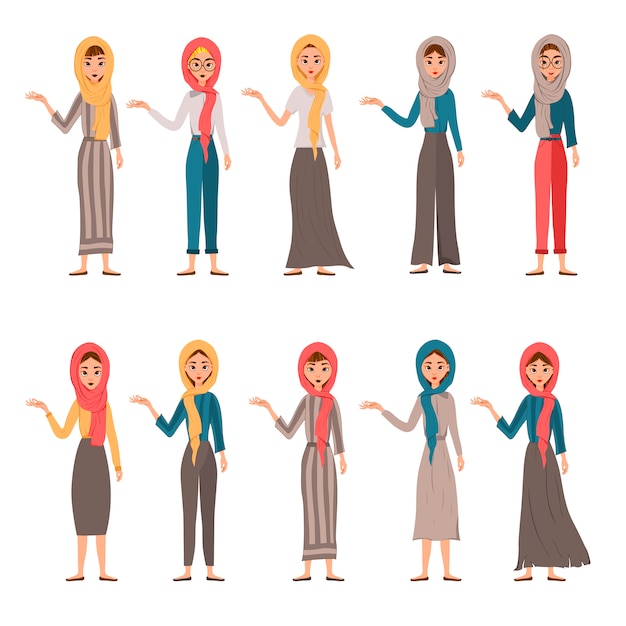 Set of female characters. girls points to the right hand to the side. Premium Vector