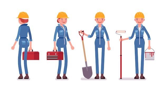 Set of female worker with tools, rear and front view Premium Vector