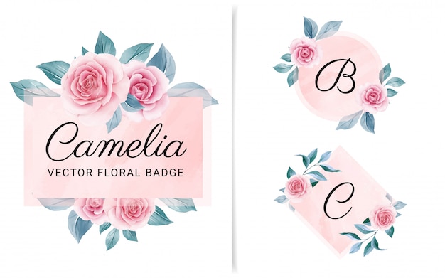 Set of feminine geometric badge with peach watercolor background and flowers Premium Vector