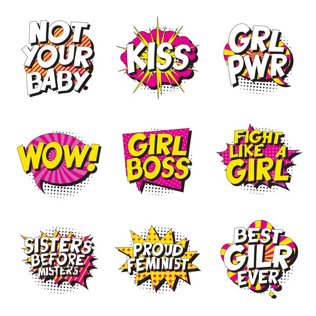 Set Of Feminist Slogans In Retro Pop Art Style In Comic Speech Bubble