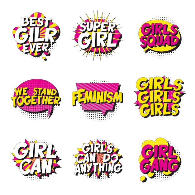 Premium Vector Set Of Feminist Slogans In Retro Pop Art Style