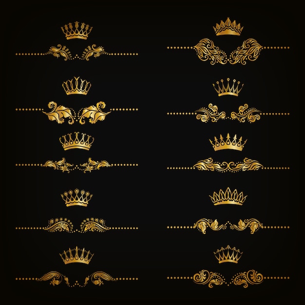Set of filigree damask ornaments. floral golden elements, borders, dividers, frames, crowns Premium Vector