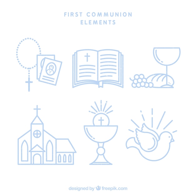 Download Set of first communion elements in linear style | Free Vector