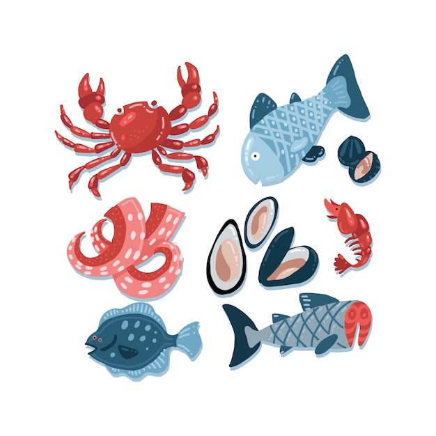 Premium Vector Set of flat color hand drawn rough simple seafood