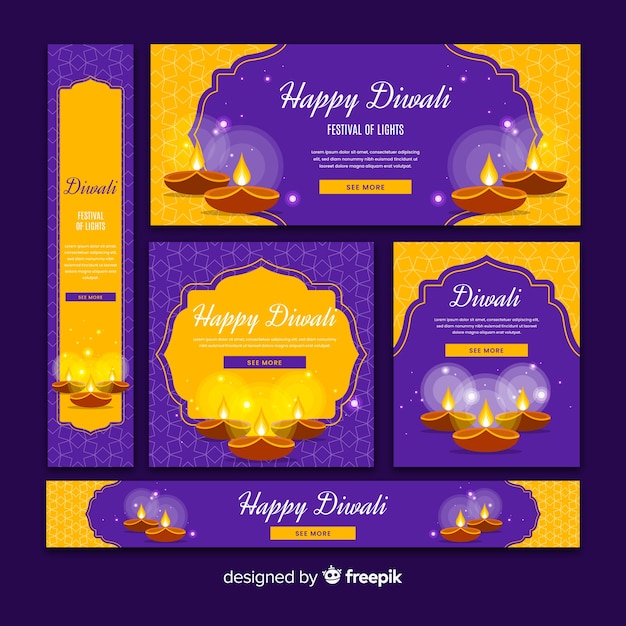 Set of flat design diwali web banners Free Vector