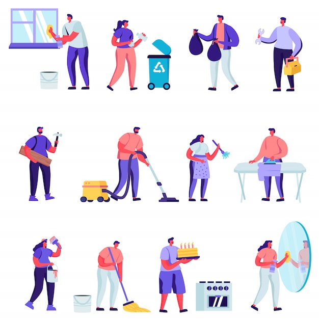 Set of flat household activities, husband for an hour set characters Premium Vector
