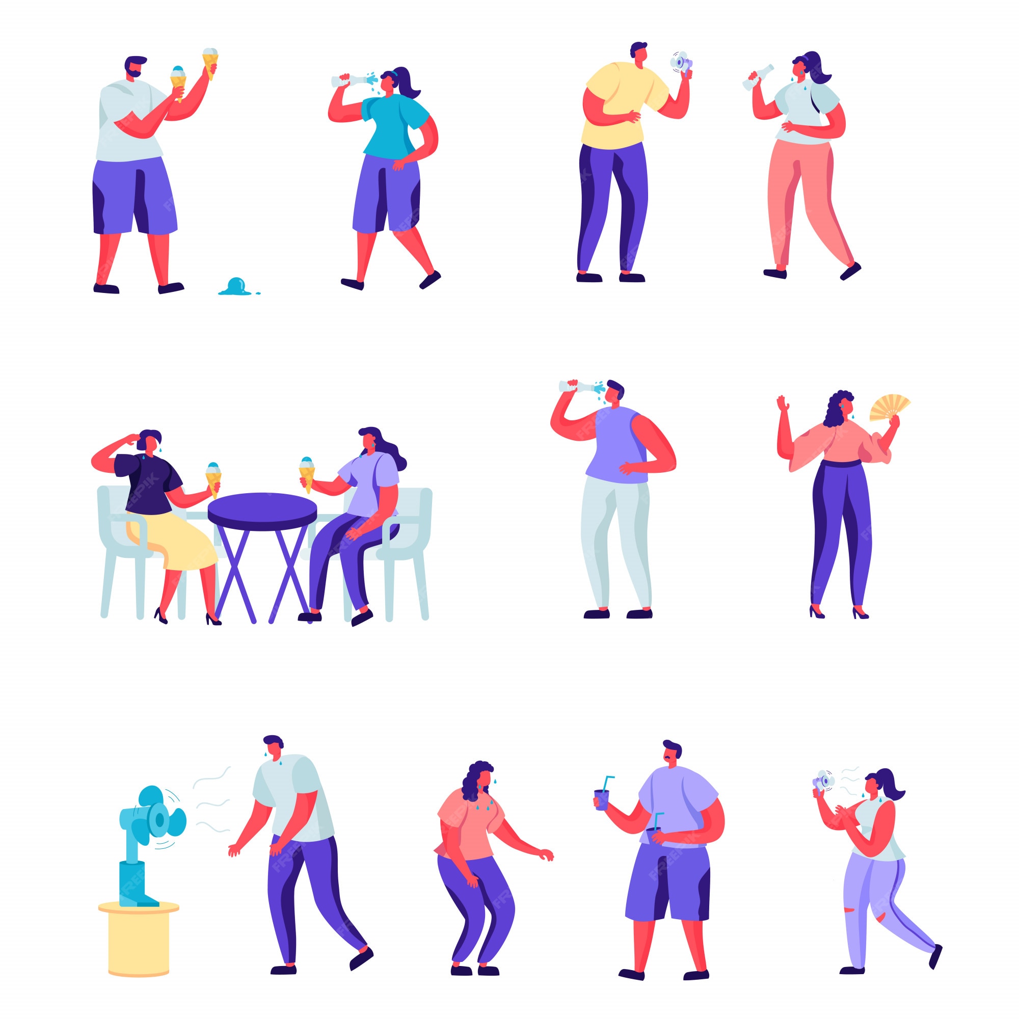 Premium Vector | Set of flat people sweating in the sun characters.