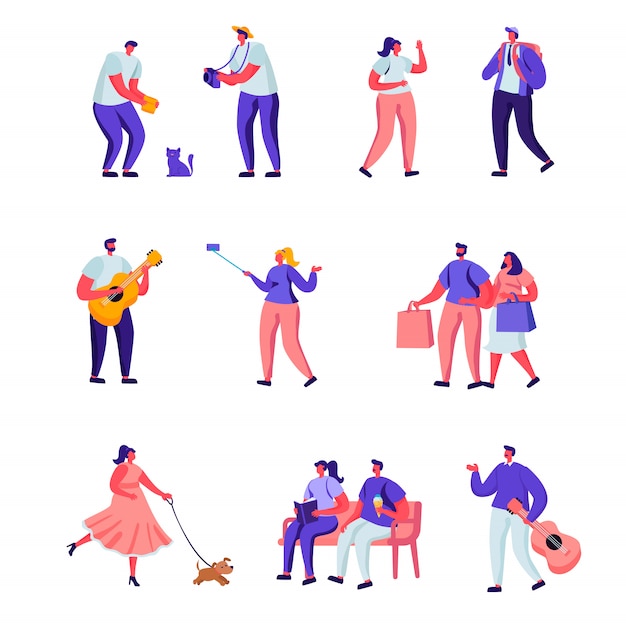 Set flat street musicians and pedestrians characters Premium Vector