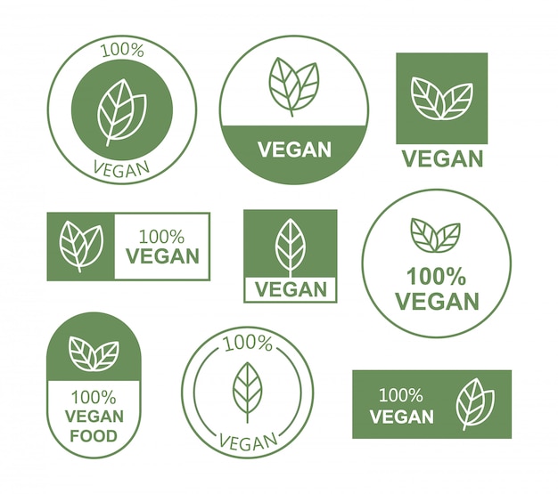 Set Flat Vegan Icon On White Background Bio Ecology Organic Logos And Badges Premium Vector