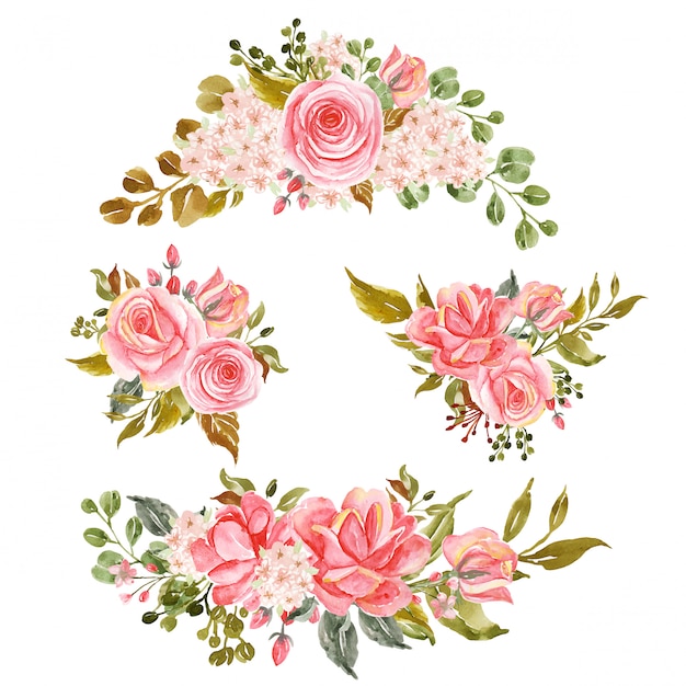 Download Set of floral branch, watercolor flower rose pink arrangement | Premium Vector