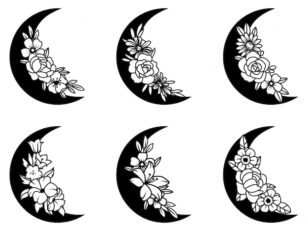 Download Set of floral crescent moon. collection of silhouettes of the young month with floral wreath ...
